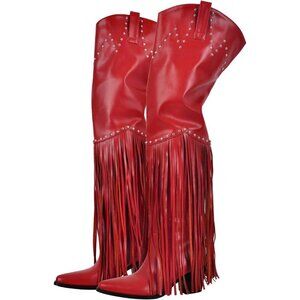 Fringe Thigh High Boots with Tassels Wide Calf Over Knee Western Cowboy Boots
